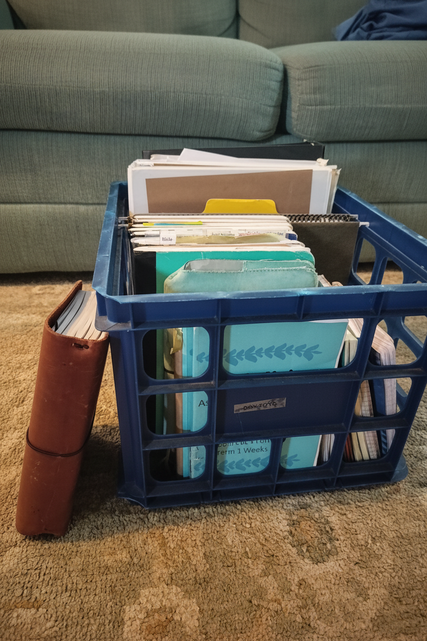 A crate full of homeschool notebooks with a leather journal leaning against it