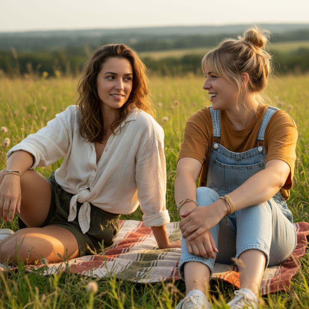 Two friends casually chatting outdoors with matching bracelets