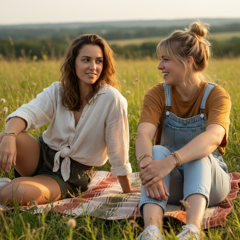 Two friends casually chatting outdoors with matching bracelets
