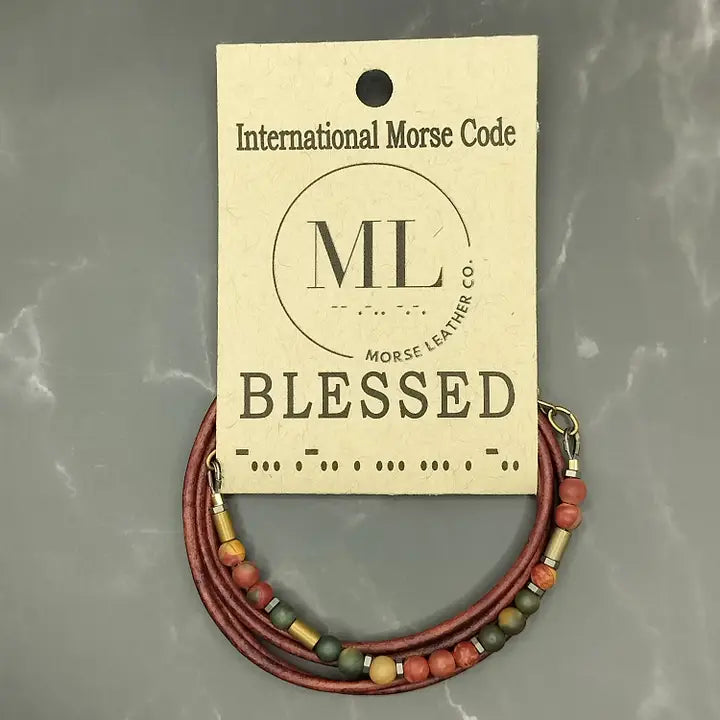 BLESSED - Morse Code Leather Wrap Bracelet
